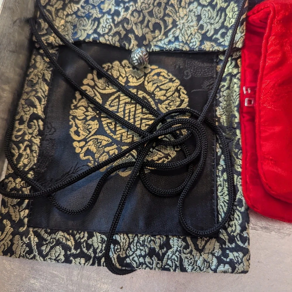 Asian 3 Silky Jewelry Travel Pouches Set Tie String Embroidery